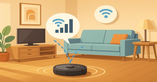 Illustration of a robot vacuum in a living room detecting Wi-Fi signal strength, with a sofa and TV in the background