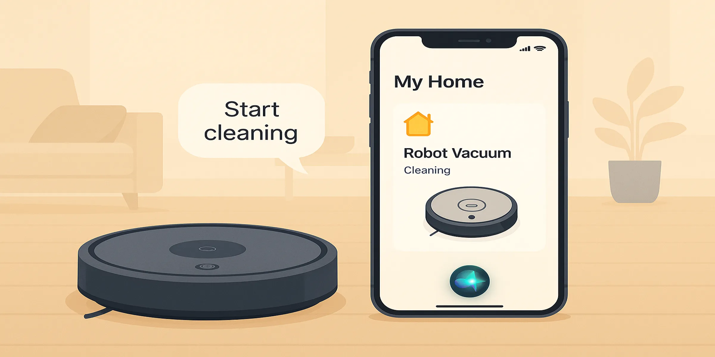 iPhone showing Apple Home app with robot vacuum controls in iOS 18.4 update