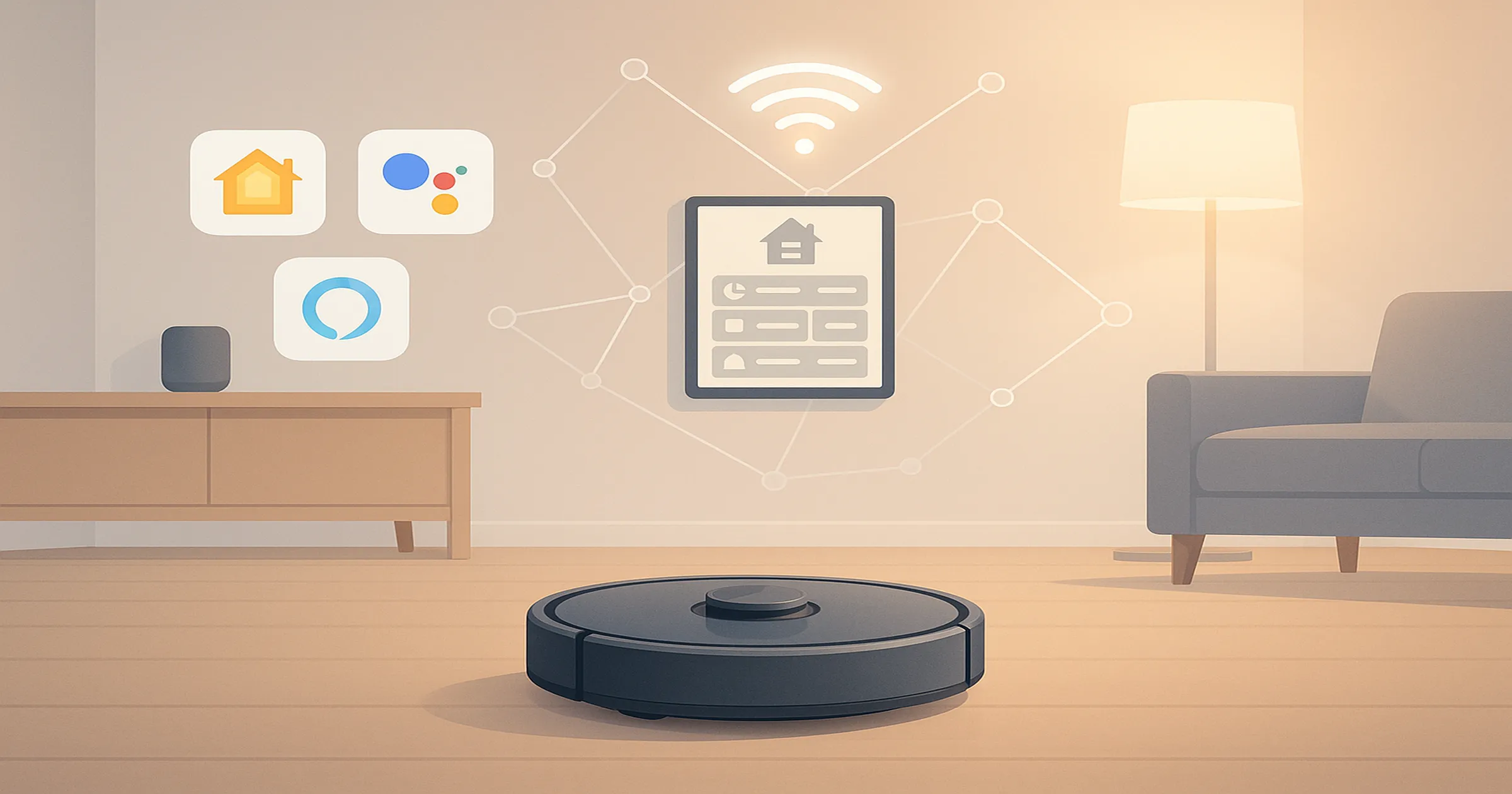 Robot vacuum with Matter smart home devices showing compatibility and connectivity