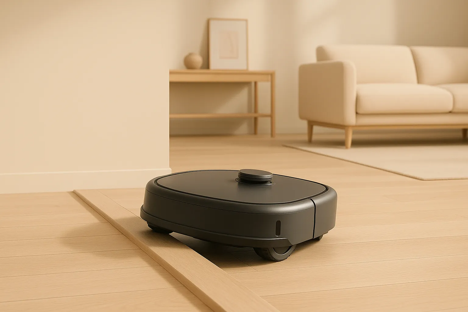 A modern robot vacuum climbing a raised floor threshold between two rooms in a minimalist home with wooden flooring.