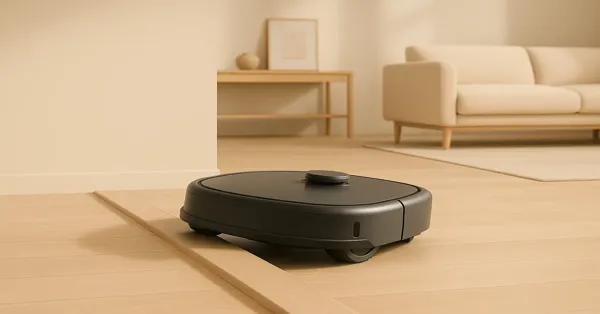 A modern robot vacuum climbing a raised floor threshold between two rooms in a minimalist home with wooden flooring.