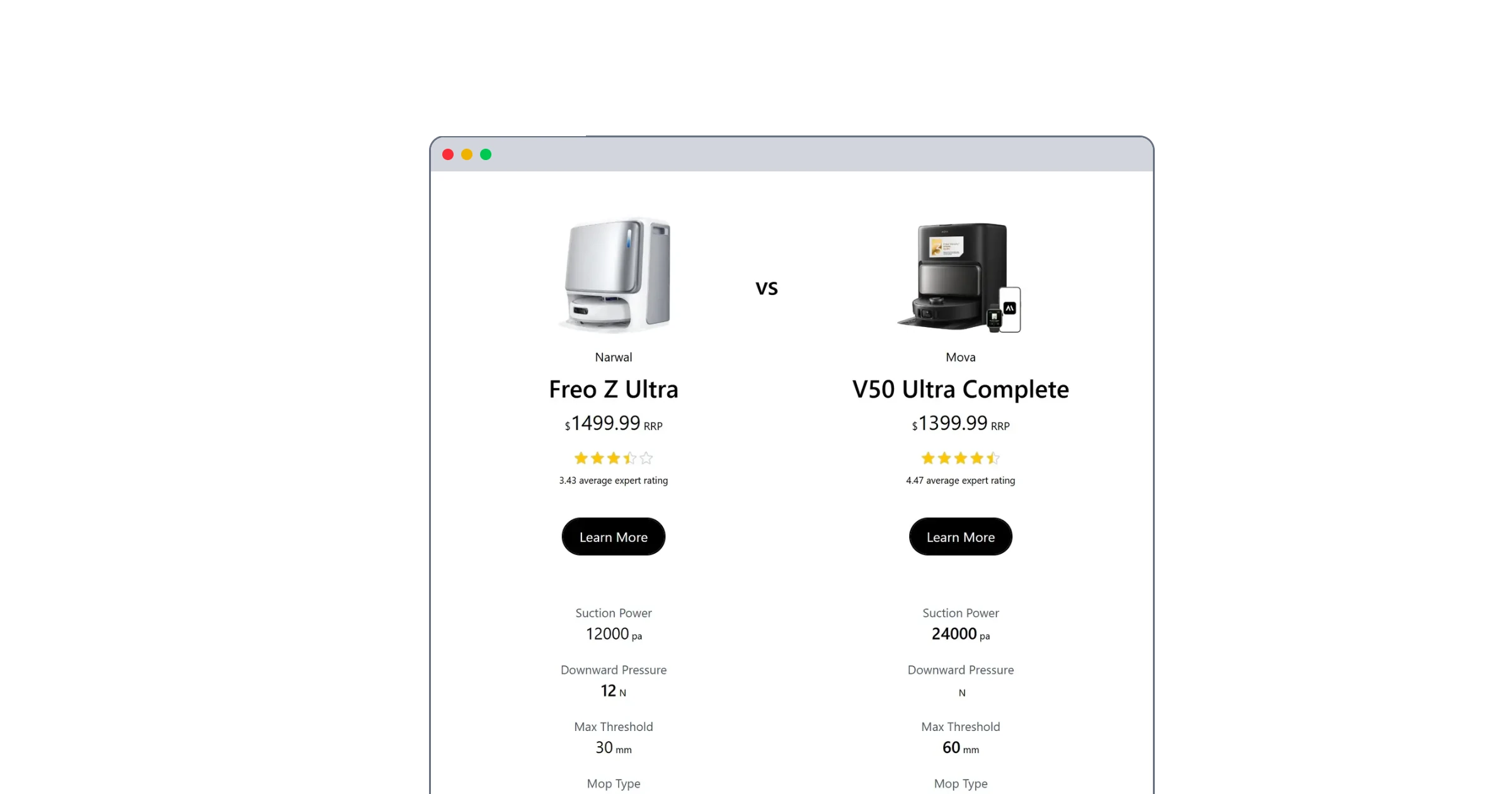 A web browser window showing the Robo Selector comparison tool comparing two robot vacuums side by side