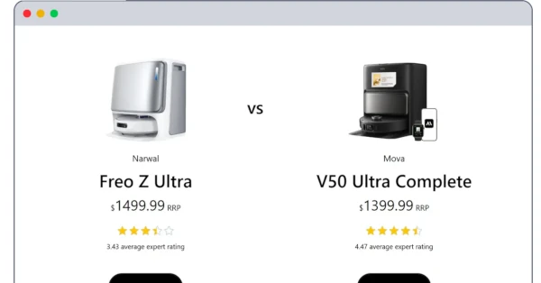 A web browser window showing the Robo Selector comparison tool comparing two robot vacuums side by side