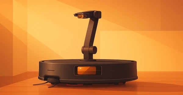 Illustration of robot vacuum cleaner, it's robot arm extended with an expressive look