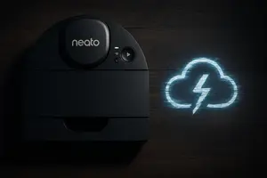A top-down view of a Neato D10 robot vacuum floating over a wooden floor, with a glitching, broken cloud icon next to it, symbolizing its disconnected cloud services.